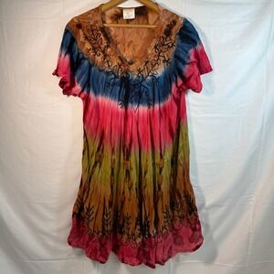 MAGIC‎ INDIA Rayon Midi Dress Womens Tie Dye Embroidered - Size XL